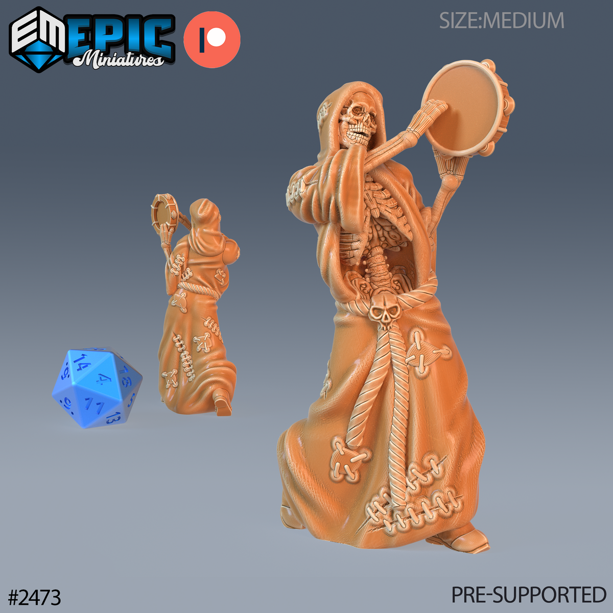 Figurine JDR Skeleton Musician Tambourine, squelette en robe à capuche jouant du tambourin, vue avant et arrière. 