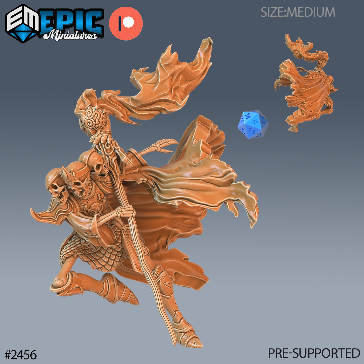 Figurine JDR Skeleton Skull King Magic, roi squelette à trois crânes avec bâton surmonté de flammes et cape déployée, vue avant et arrière. 