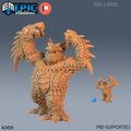 Figurine JDR Skin Stitch Dragon Angry, créature draconique à peau rapiécée, gueule ouverte et deux poings levés, vue avant et arrière.