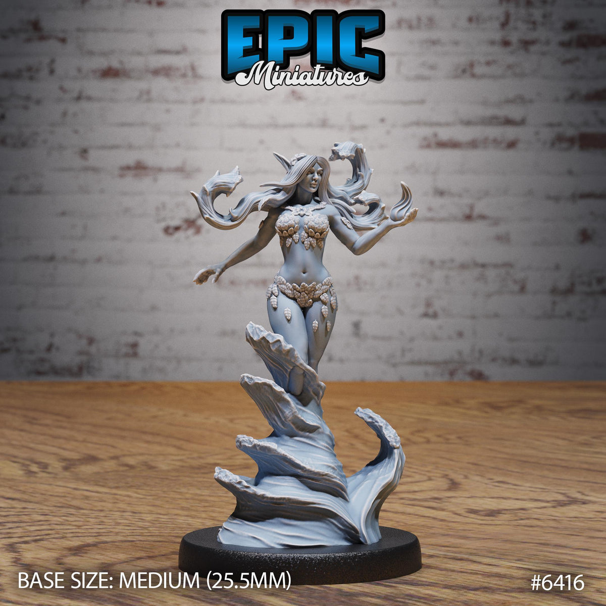 Figurine JDR Spring Undine, ondine portée par une vague en spirale, avec une longue chevelure ondoyante et une main levée