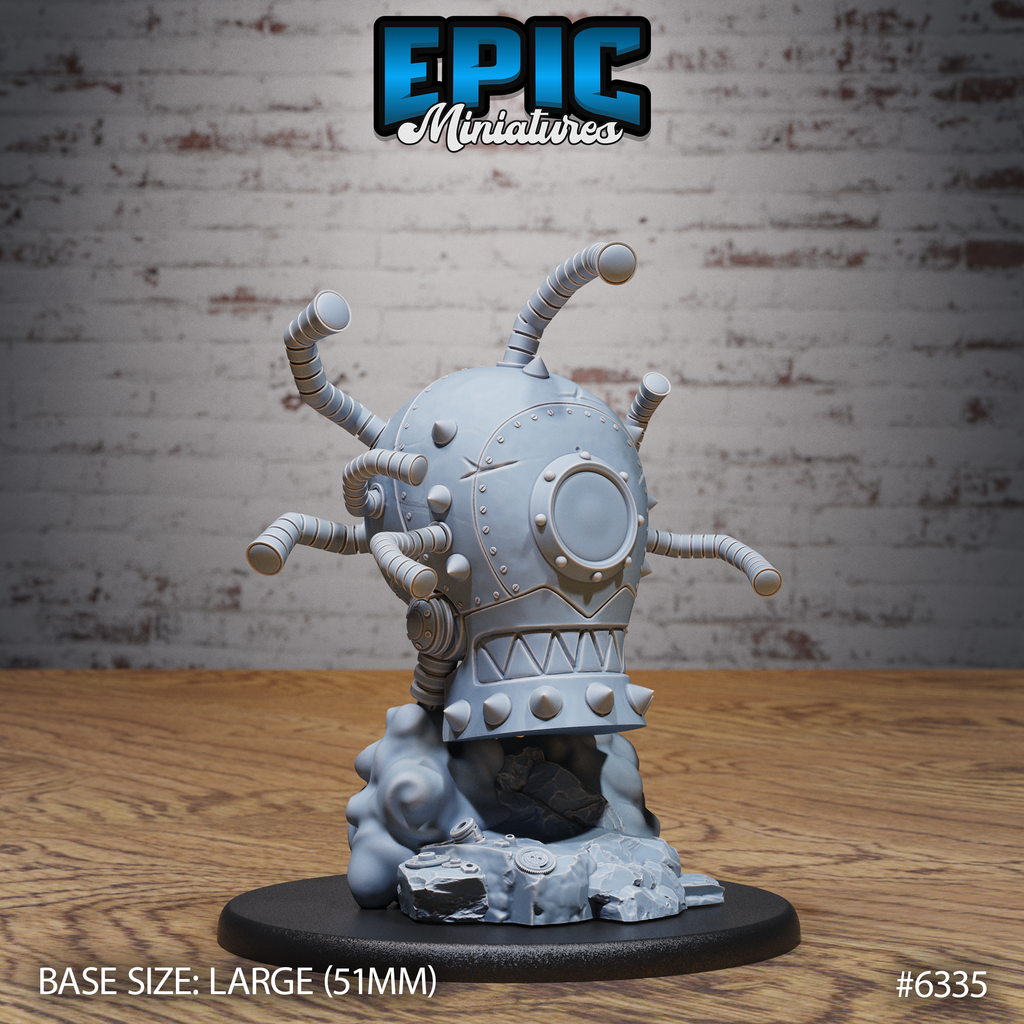 Figurine JDR Steam Tyrant, monstre mécanique sphérique avec œil central, mâchoire dentée et appendices segmentés, au-dessus de volutes sculptées