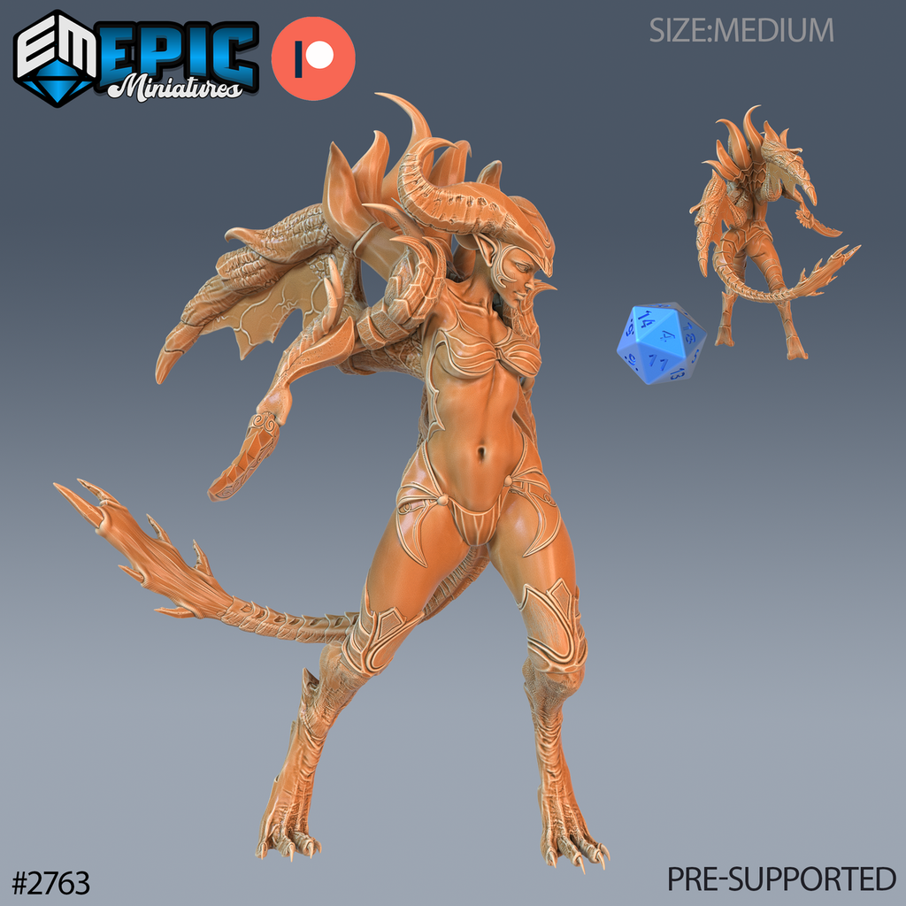 Succubus Empress, impératrice succube aux grandes cornes recourbées, ailes membraneuses repliées et longue queue à pointes, avec petite vue arrière