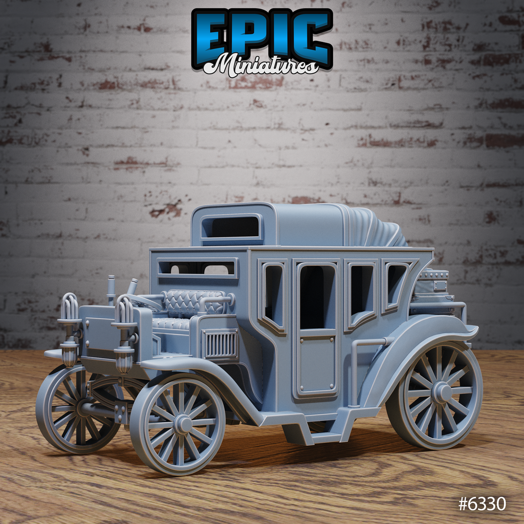 Figurine JDR Tesla Carriage, voiture steampunk avec cabine fermée, roues à rayons, marchepied et appareils mécaniques à l’avant