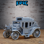 Figurine JDR Tesla Carriage, voiture steampunk avec cabine fermée, roues à rayons, marchepied et appareils mécaniques à l’avant