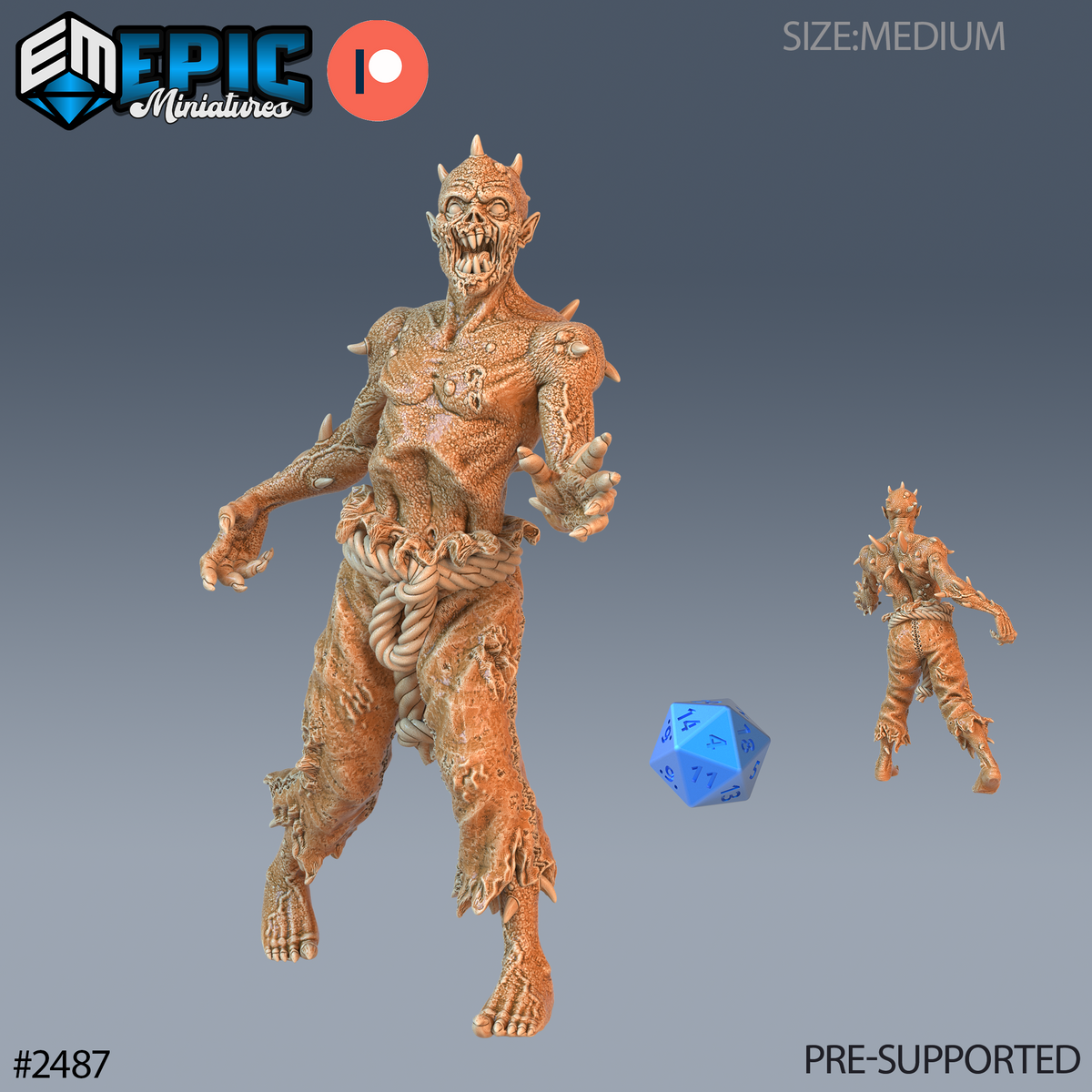 Figurine JDR Thorn Zombie Approaching, zombie hérissé d’épines avançant une main ouverte, pantalon déchiré et ceinture de corde, vue avant et arrière.