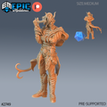 Tiefling Adventurer, aventurier cornu en manteau orné et bottes lacées, tenant une dague près de son visage, l’autre bras croisé sur le torse, avec une petite vue arrière