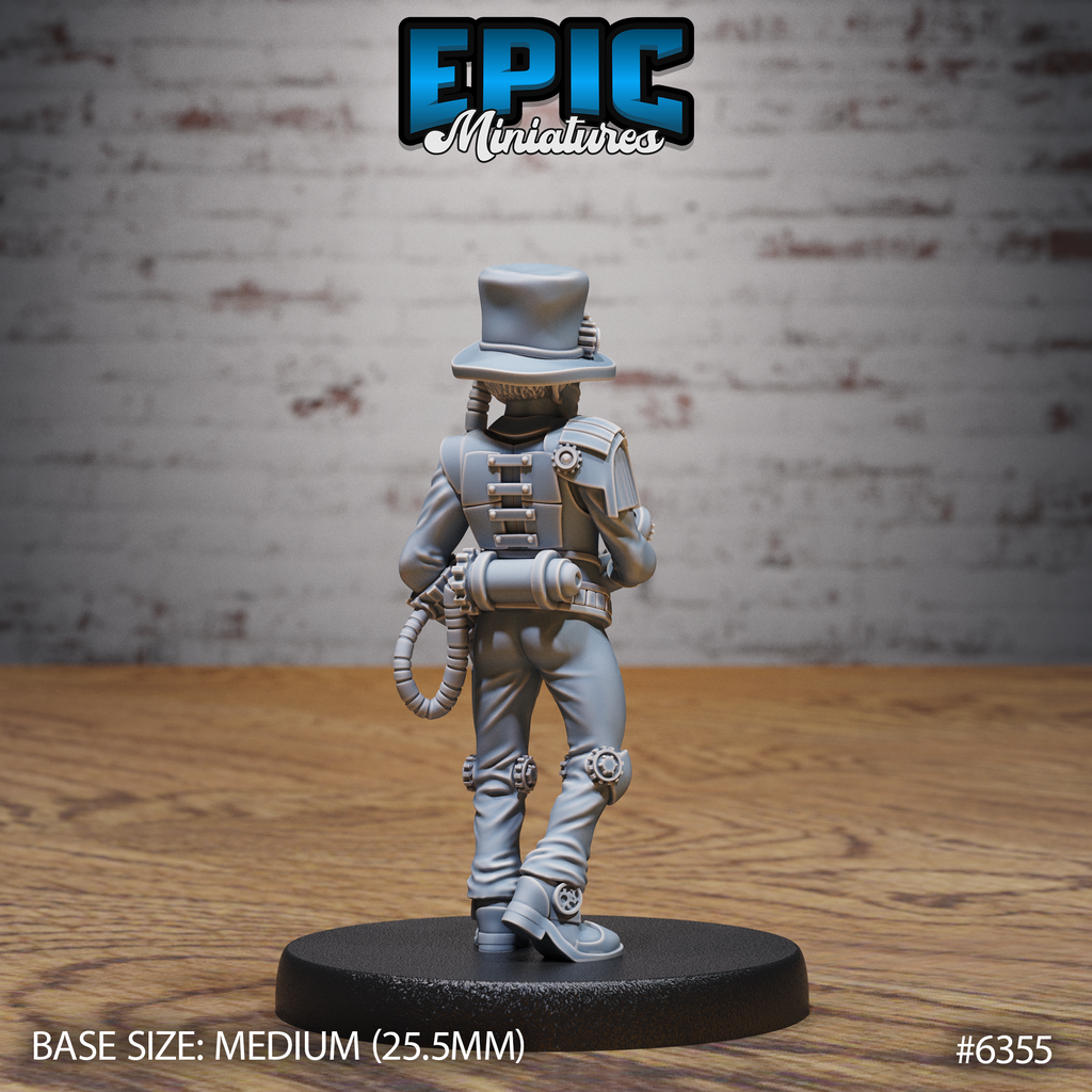 Vue arrière de la figurine JDR Time Keeper, montrant le mécanisme de son dos, le réservoir à la ceinture et les tuyaux de son équipement