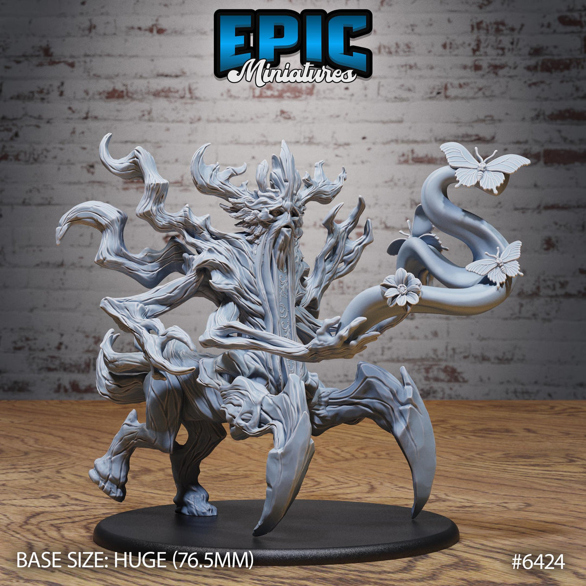 Figurine JDR Treant World Protector Magic, homme-arbre à barbe végétale tendant un bras sous une volute sculptée ornée d’une fleur et de papillons