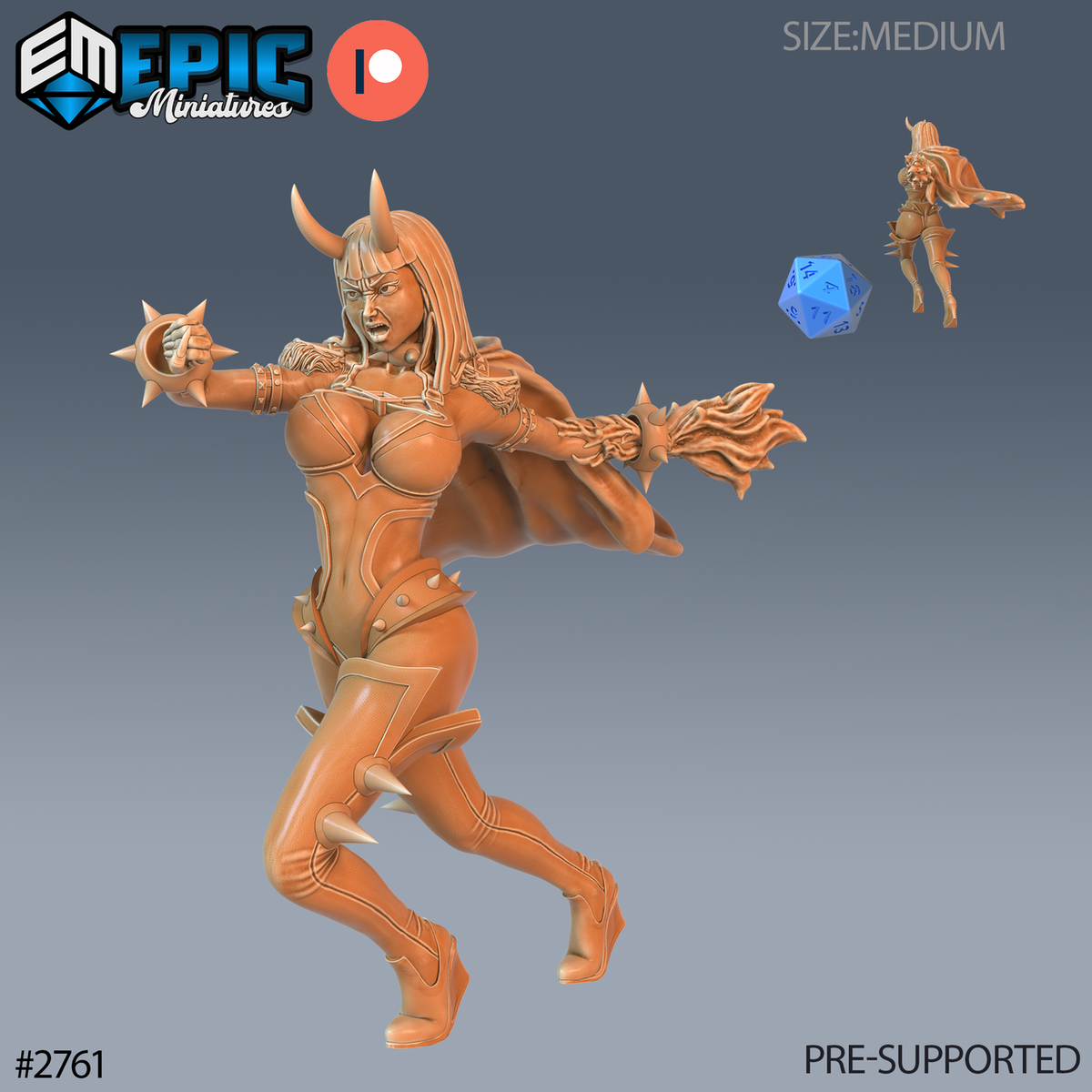 Wingless Lower Succubus Attack, succube sans ailes avec deux cornes, poing tendu et flammes dans l’autre main, cape déployée et jambes fléchies, avec petite vue arrière