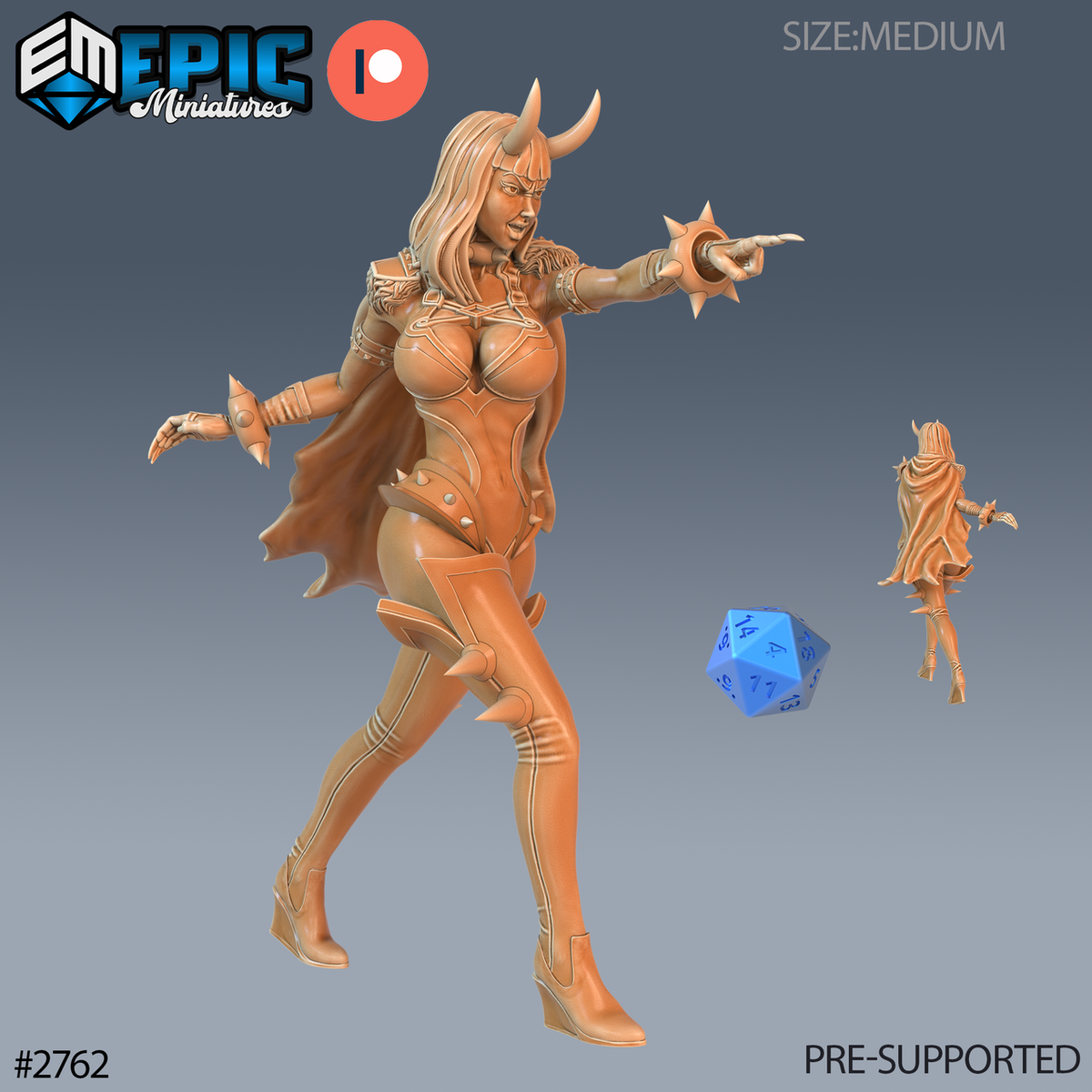 Wingless Lower Succubus Attack, succube sans ailes avec deux cornes, poing tendu et flammes dans l’autre main, cape déployée et jambes fléchies, avec petite vue arrière