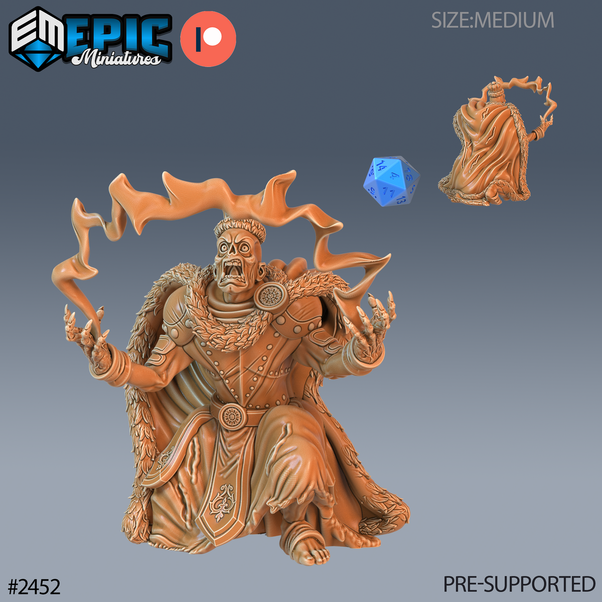 Figurine JDR Zombie King Magic, roi zombie couronné levant les mains sous un arc d’énergie magique, vêtu d’une cape, avec une petite vue arrière.